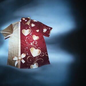 Hoo Men's Retro Red and Tan XL Button-Up Short Sleeve Shirt